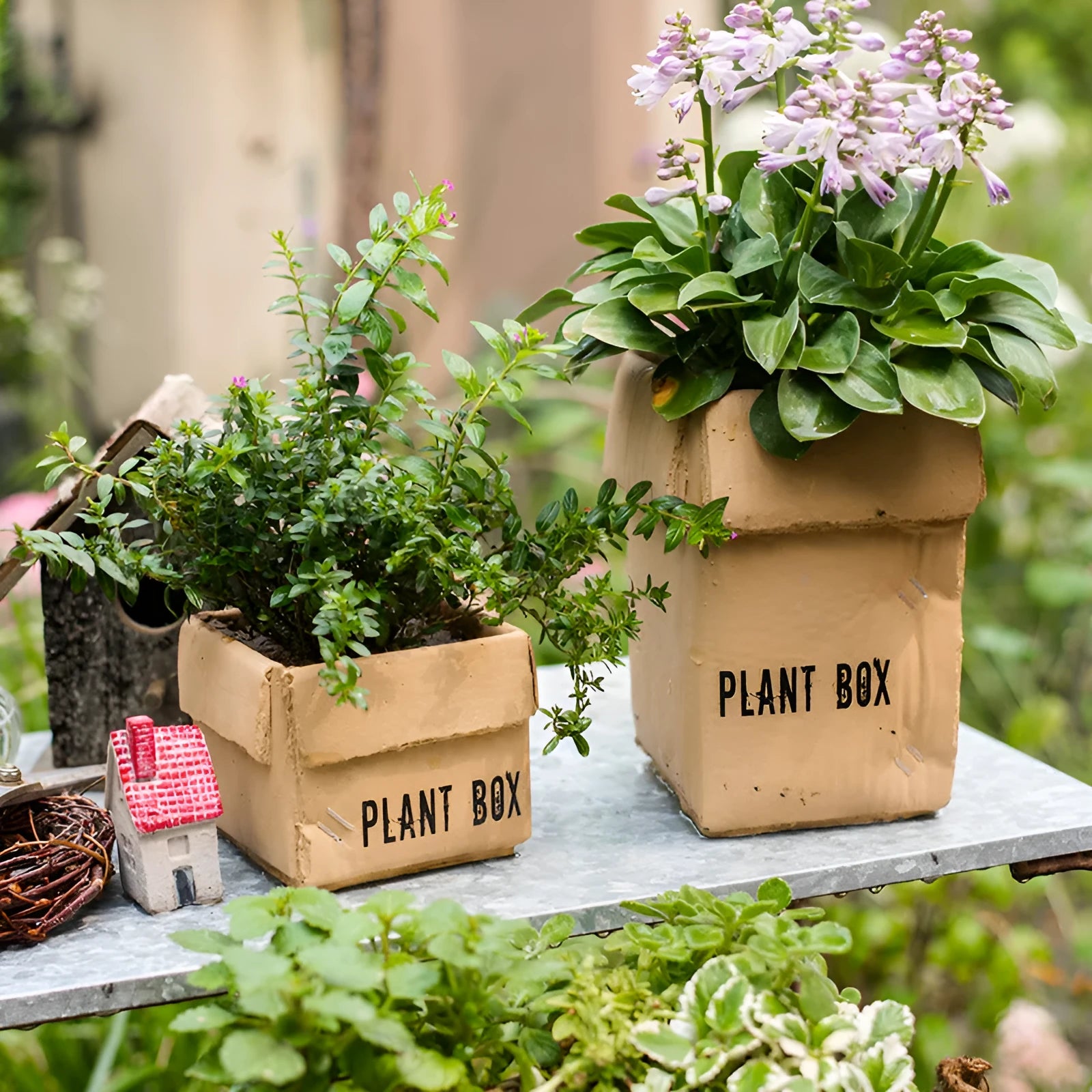 Cement flower pot with brown paper box texture and drainage holes, shown in a neutral home setting.