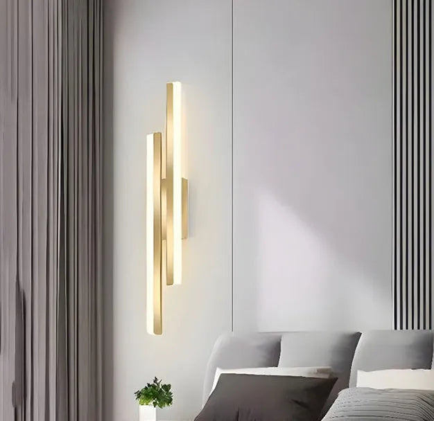 Gold finish double-line LED wall lamp showing 500mm length and modern design.