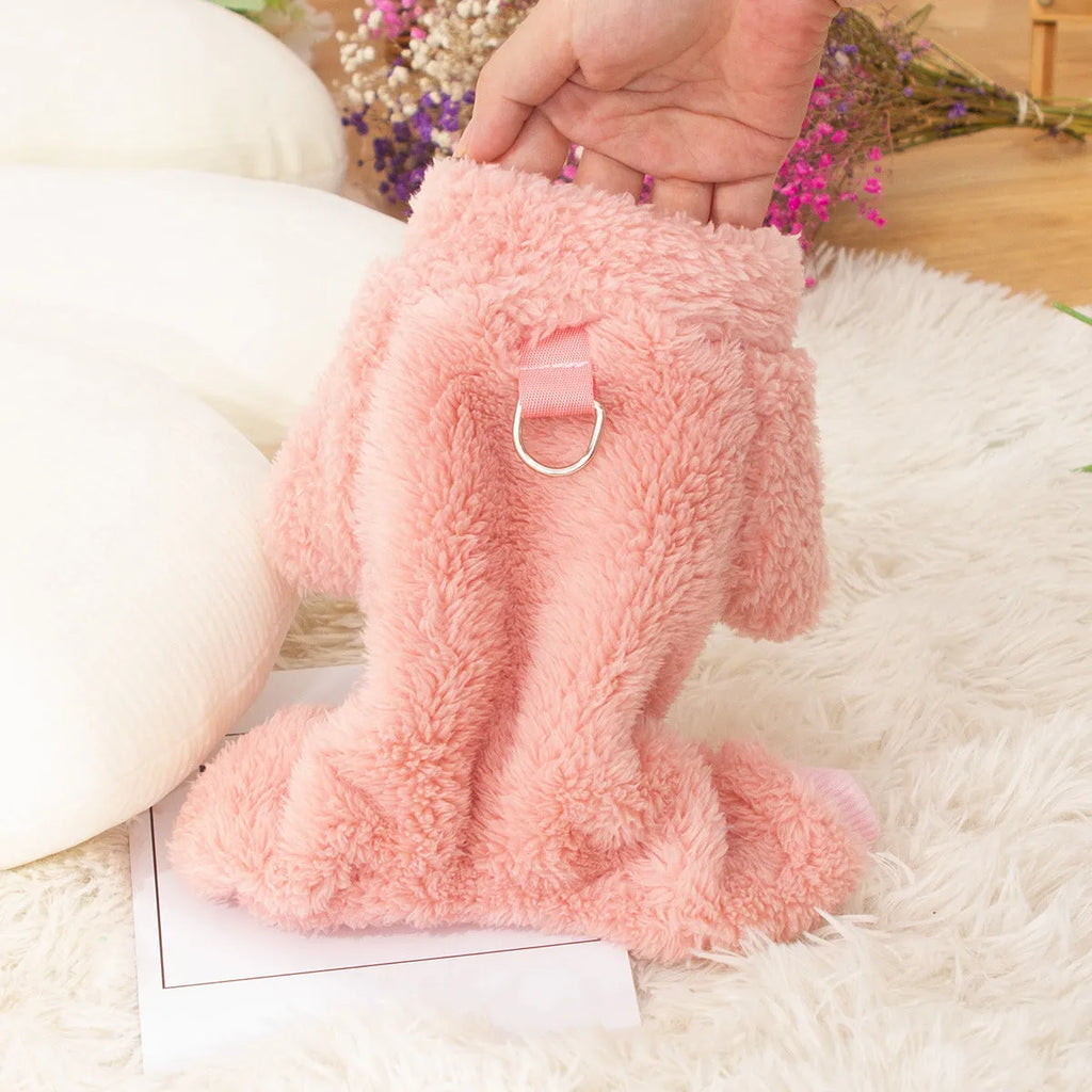 Double-sided plush dog clothing with high collar and four-legged design in blue colour