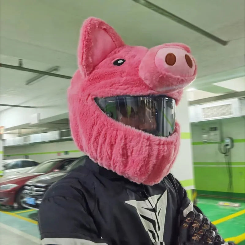 Pink cartoon pig plush hood for motorcycle helmet protection made from PV velvet cloth.