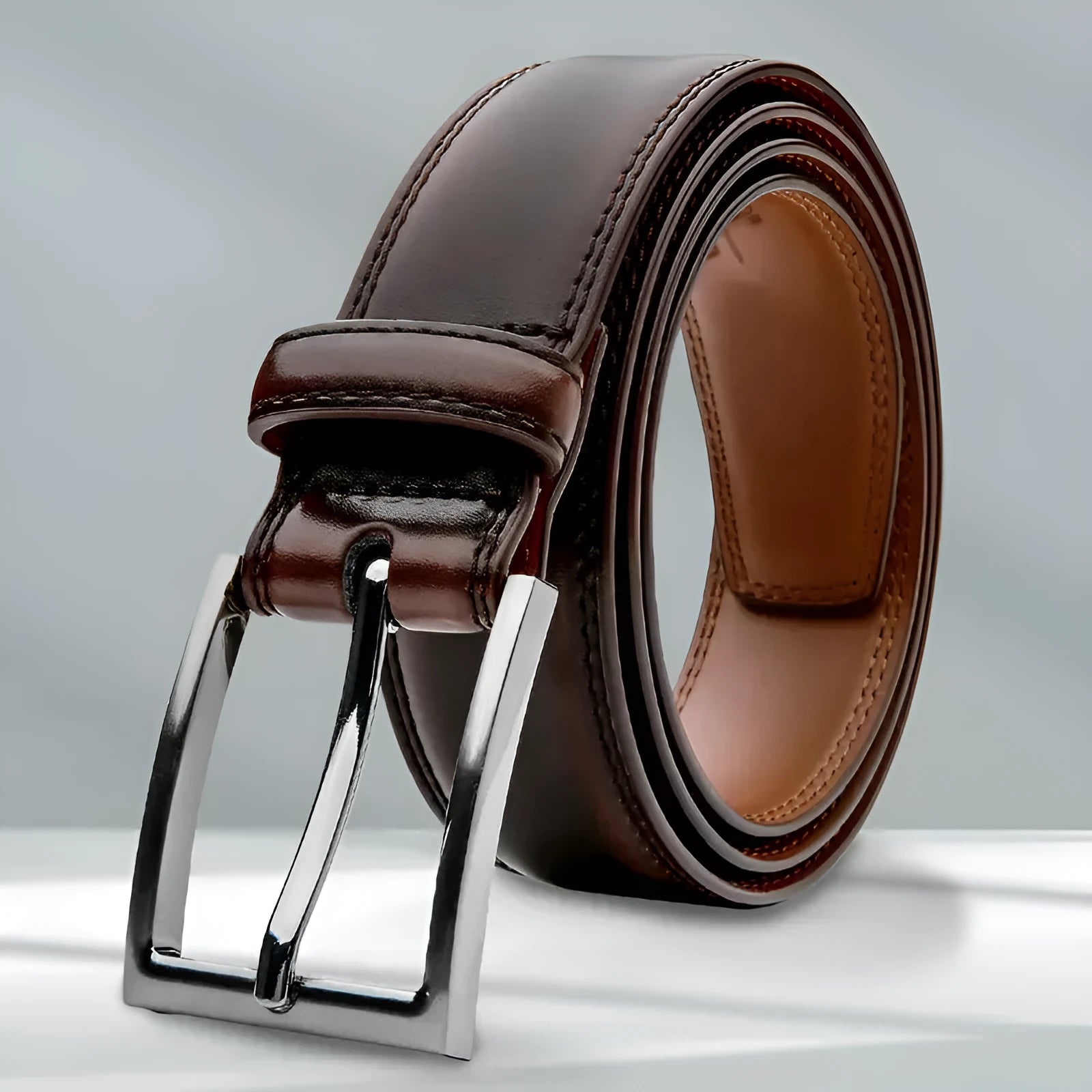 Men's brown leather belt with textured grain and metal buckle on a table.