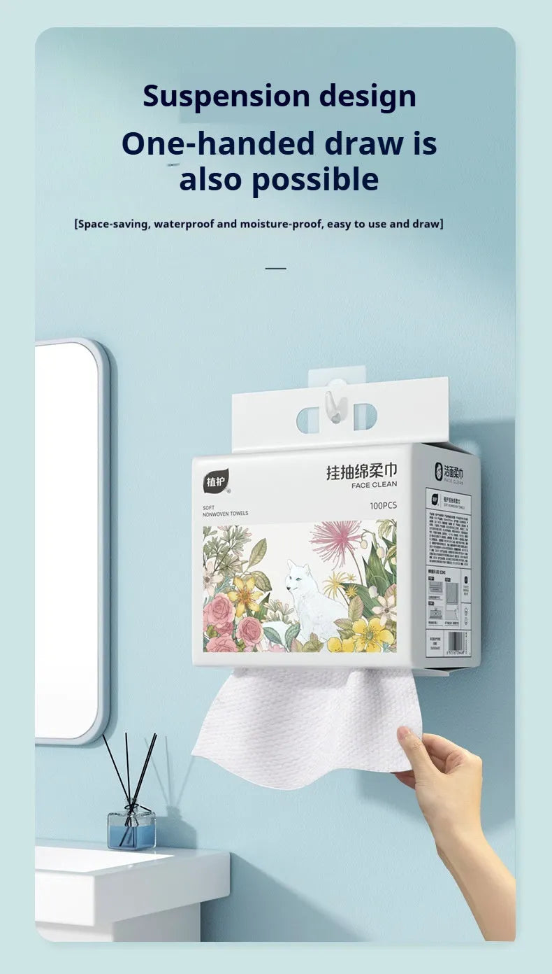 Disposable face cloth roll with removable hanger, 100 sheets in soft cotton sanitary style