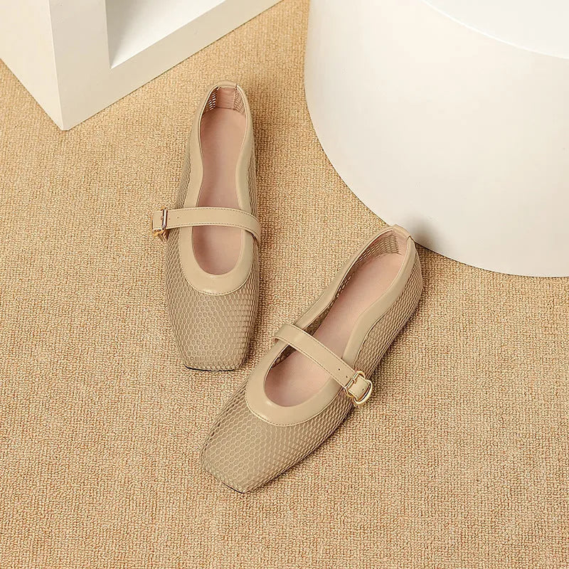 Women's beige mesh flat-heel pumps with square toe and buckle fastener on a white background.