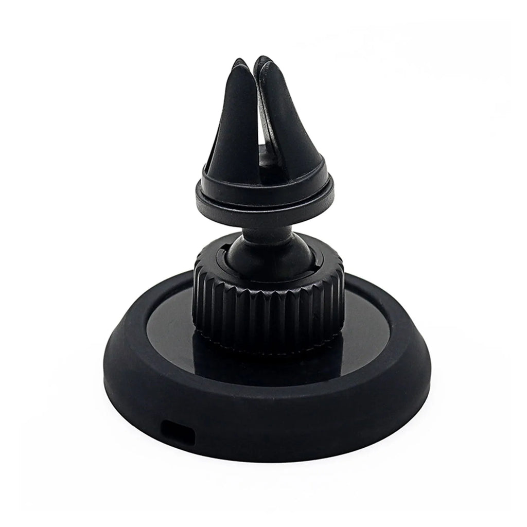 Black car magnetic phone holder mounted on car air vent with phone attached