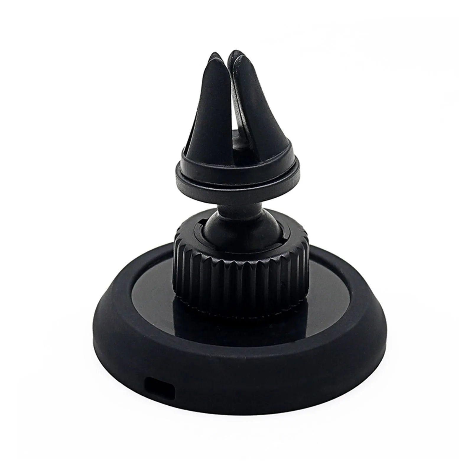 Black car magnetic phone holder mounted on car air vent with phone attached