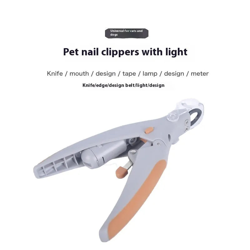 White ABS plastic dog nail clipper with LED light and red imitation blood line guide.