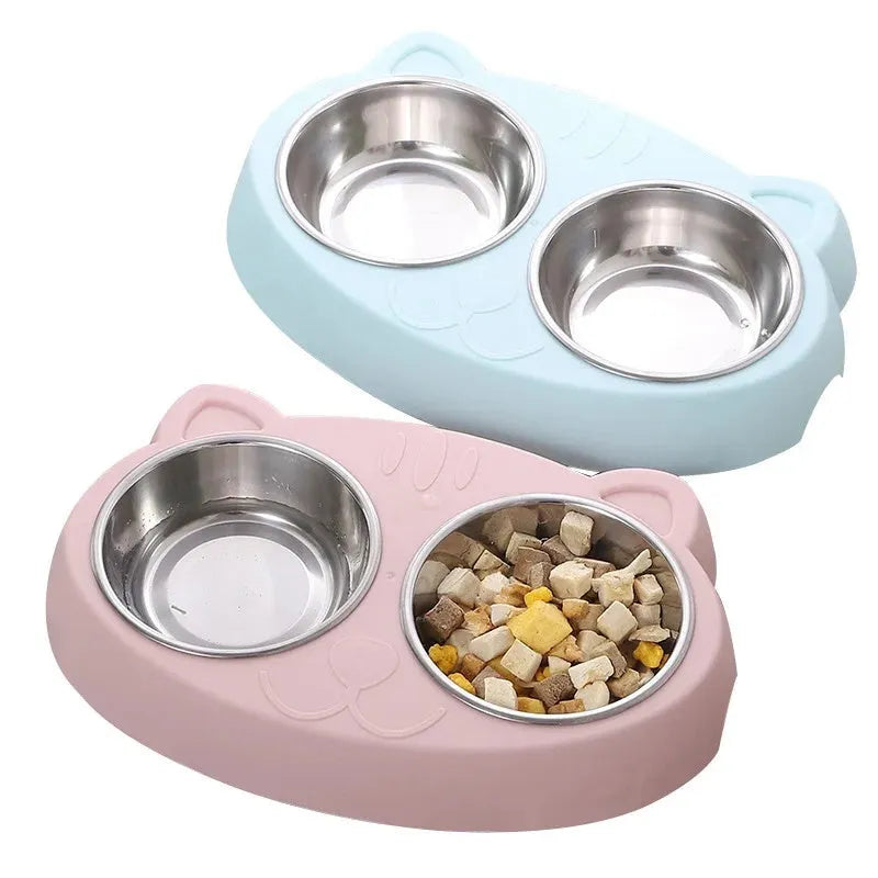 Blue macaron-shaped plastic double bowl pet feeder for food and water