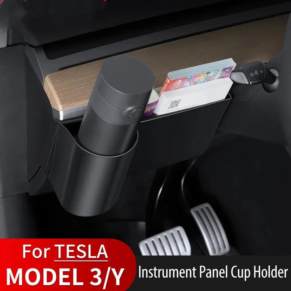 Black plastic water cup holder insert for Tesla Model 3 and Model Y left hand drive dashboard