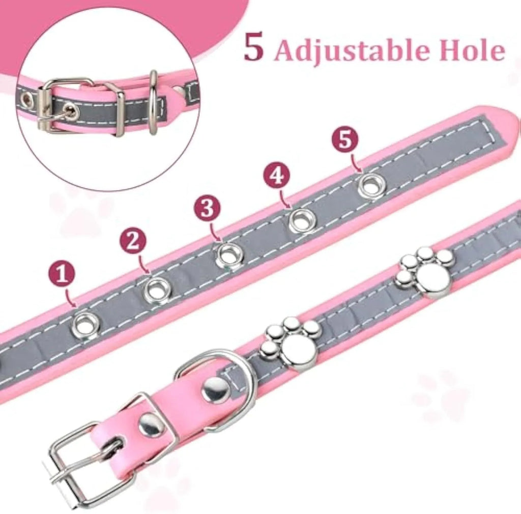 Reflective adjustable dog collar in soft PU leather with paw-shaped metal rivets