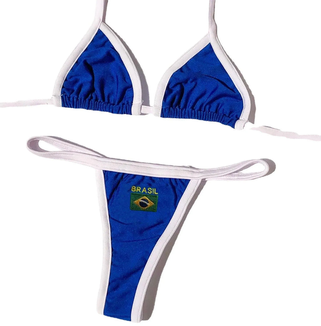 Yellow women's two-piece bikini set with T-back bra and shorts on a neutral background.