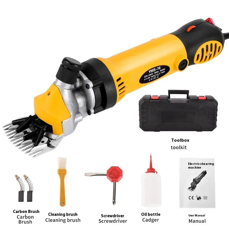 Yellow electric wool shearing tool with 110V plug and multiple knife sets in a plastic storage case.