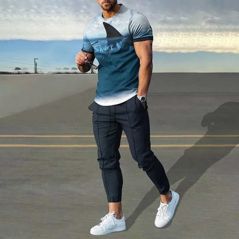 Men's short-sleeved printed pullover and matching trousers casual suit set