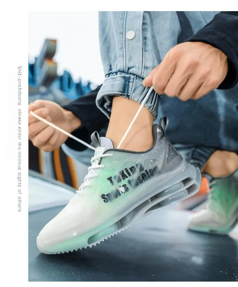 Men's platform casual shoes with mesh upper in black green colour with rubber sole and lace-up closure