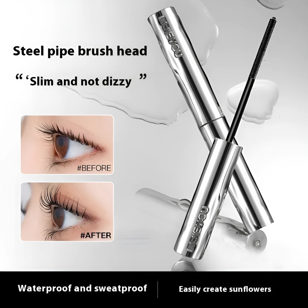 Waterproof steel tube mascara in black and brown shades with optional eyelash curler