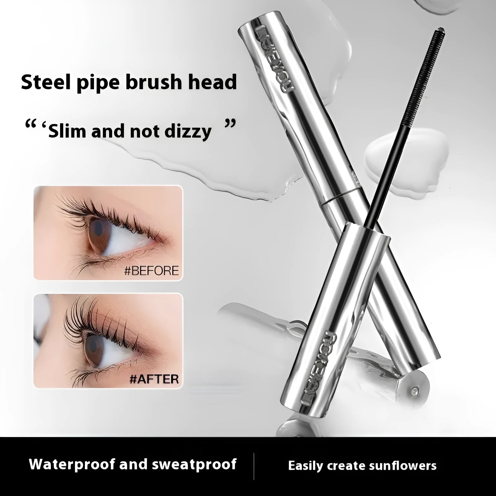 Waterproof steel tube mascara in black and brown shades with optional eyelash curler