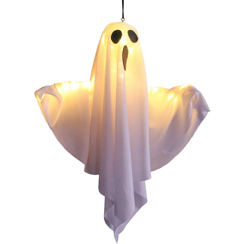 White and orange cloth ghost scream LED Halloween light ornament with 4.5V battery compartment.