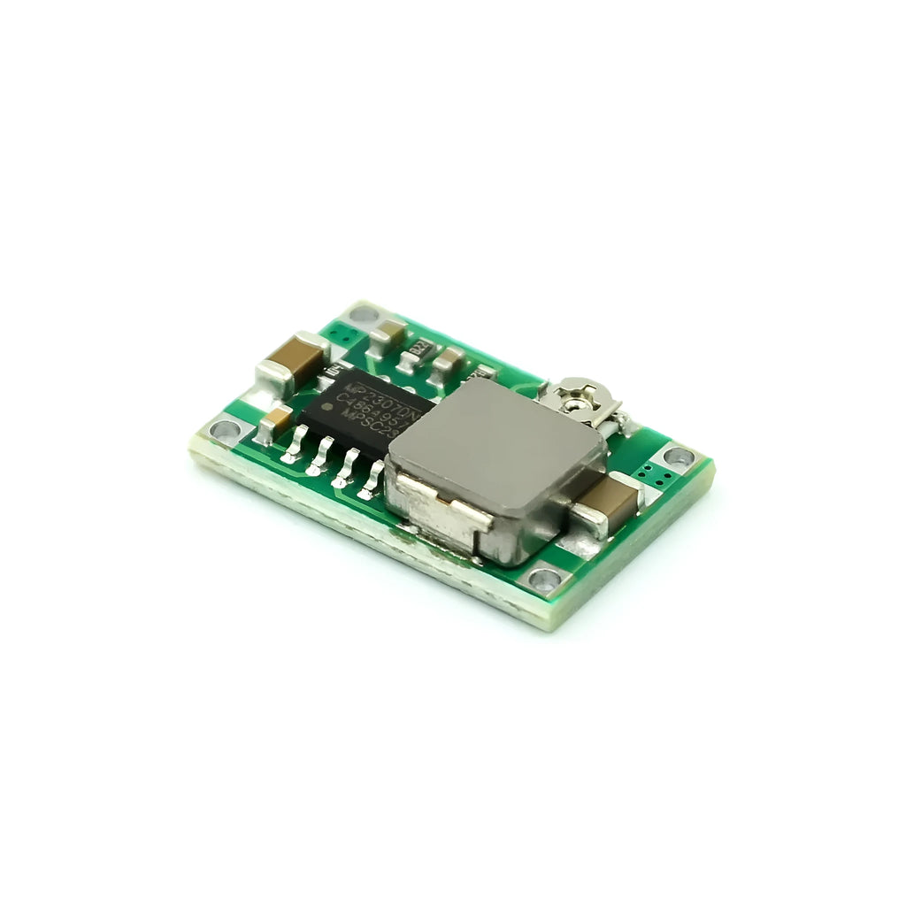 Mini 360 green DC-DC buck converter module measuring 17x11mm with synchronous rectification