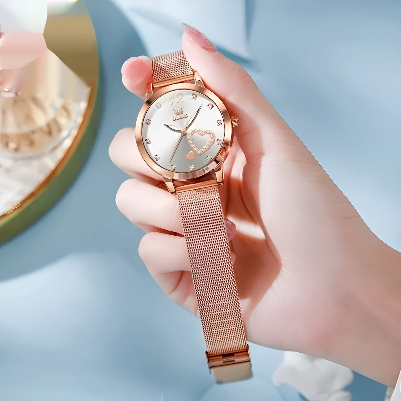 Women's fashion watch with rose shell alloy case and mesh strap in six colour variations