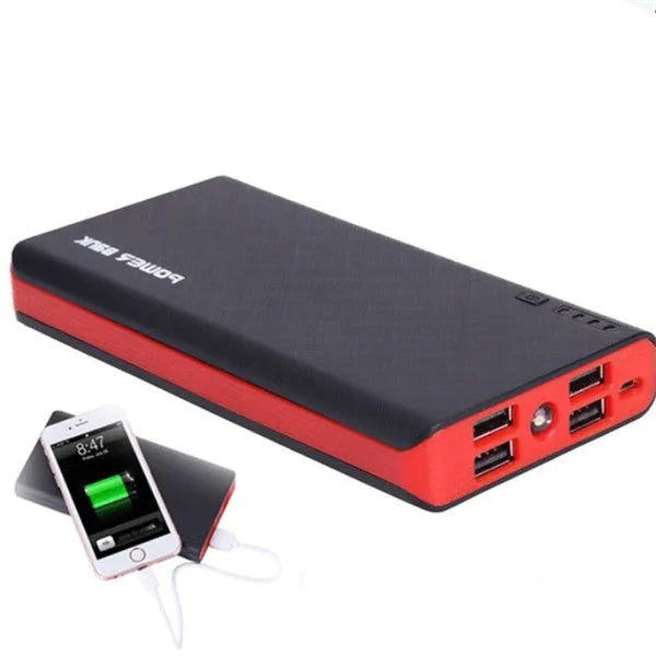 20000mAh portable power bank in five colour options showing front view with dimensions