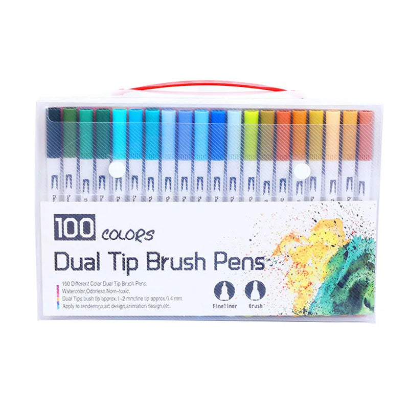 Set of watercolour brush pens with brush tips in a case, showing multiple colour options from 48 to 100 count.