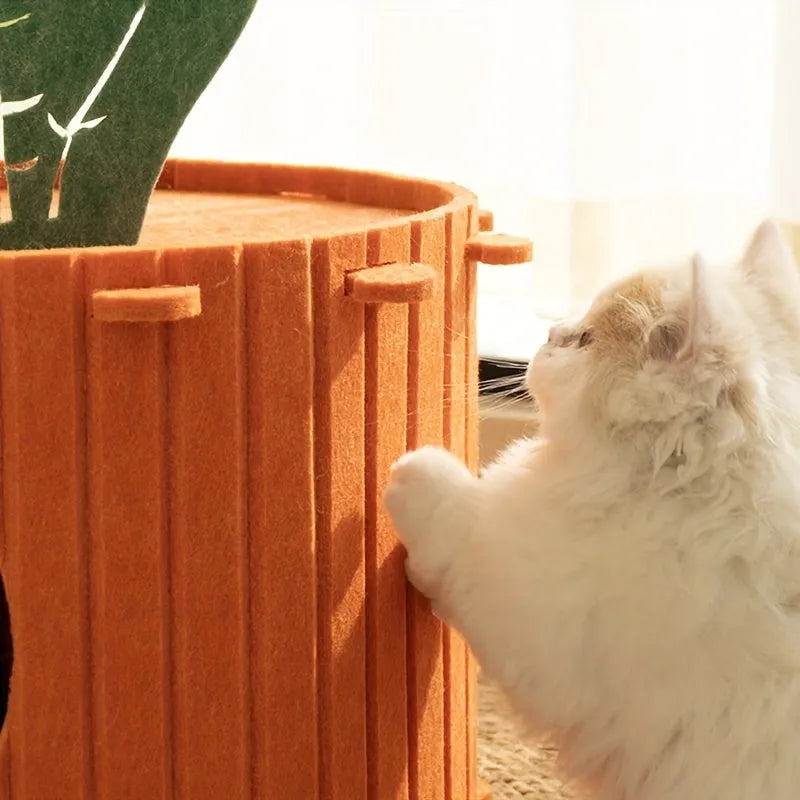 Carrot-shaped felt cat tunnel nest showing semi-enclosed design with two size options