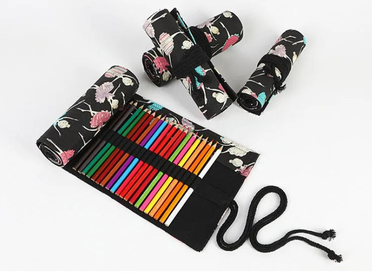 Canvas rolling pencil case with ballet girl print, shown open to display multiple pencil holes.