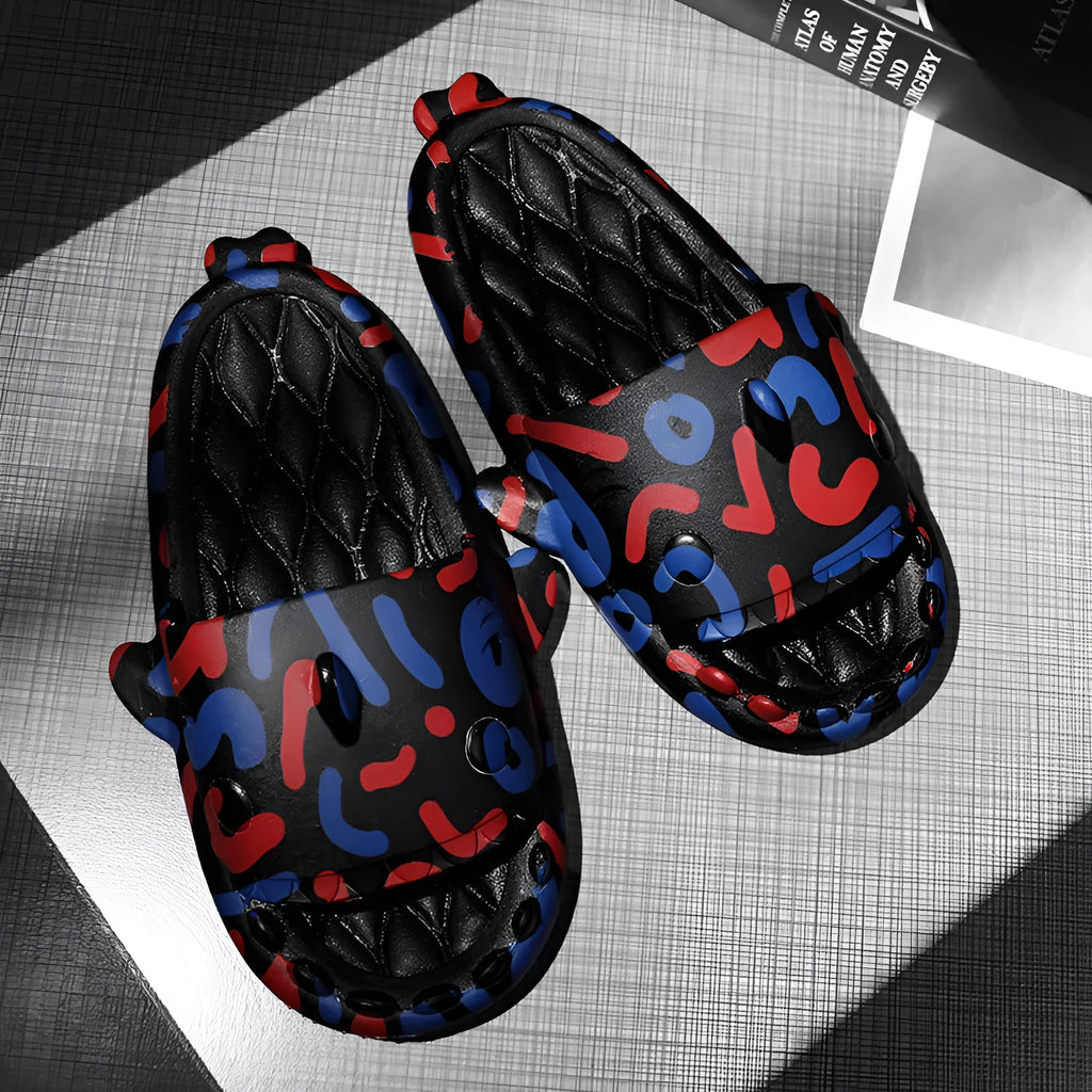 EVA open-toe shark-themed couple slippers in assorted colours on a white background.