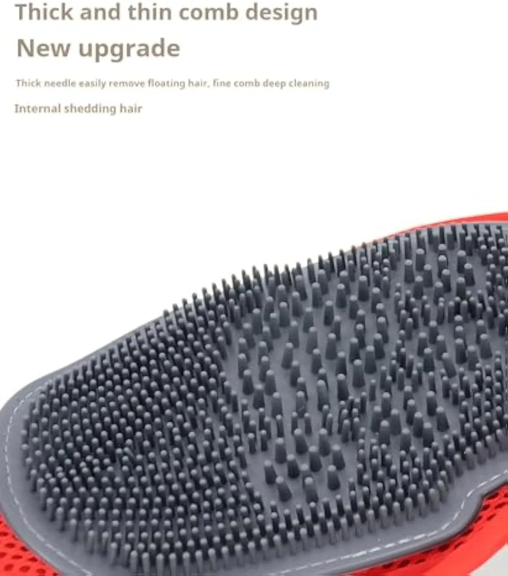 Red pet bathing glove with silicone brush bristles for dog and cat grooming during washing