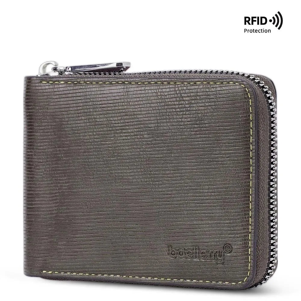 Black PU leather anti-theft credit card wallet with zipper closure and embossed design