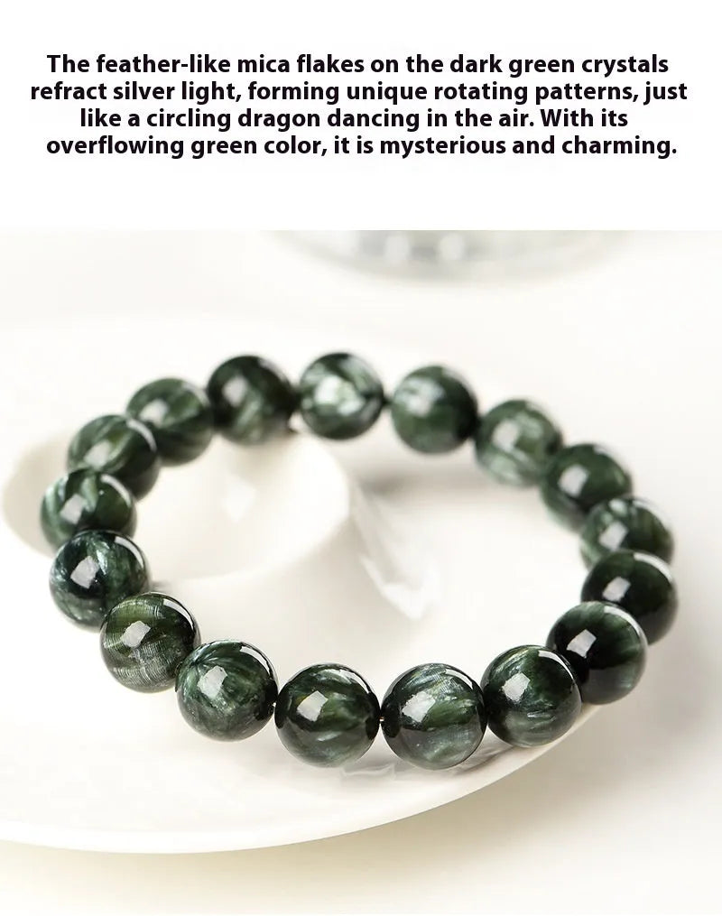 A single-ring green dragon crystal bracelet with round beads and a ruyi design element.