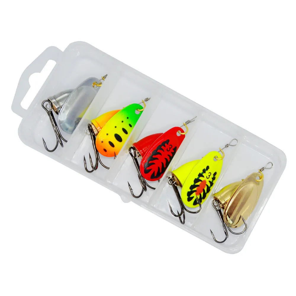 Composite fishing lure with rotating sequins and copper bell in multiple colour options
