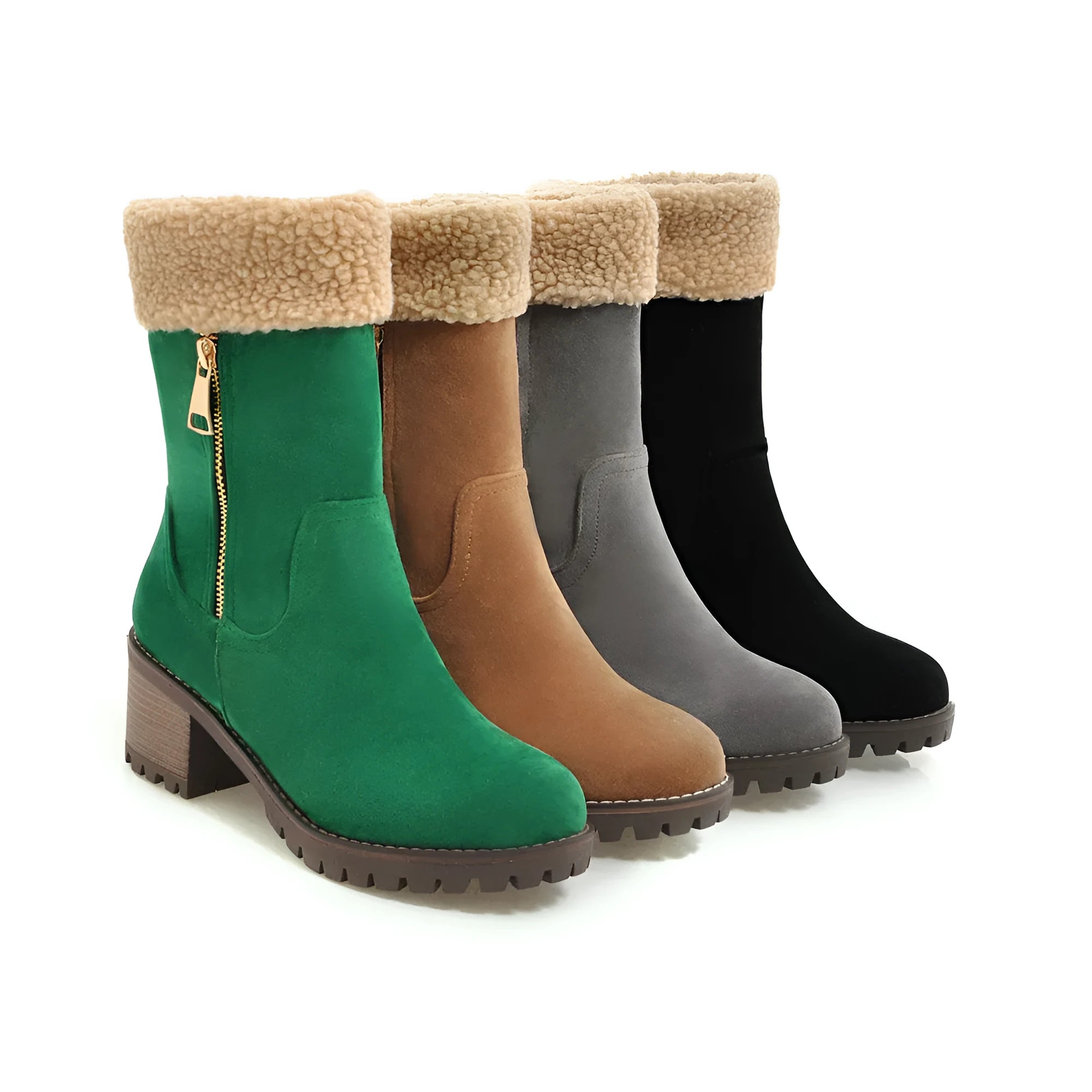 Snow boots in black, grey, green, or orange with a short plush lining and rubber insole