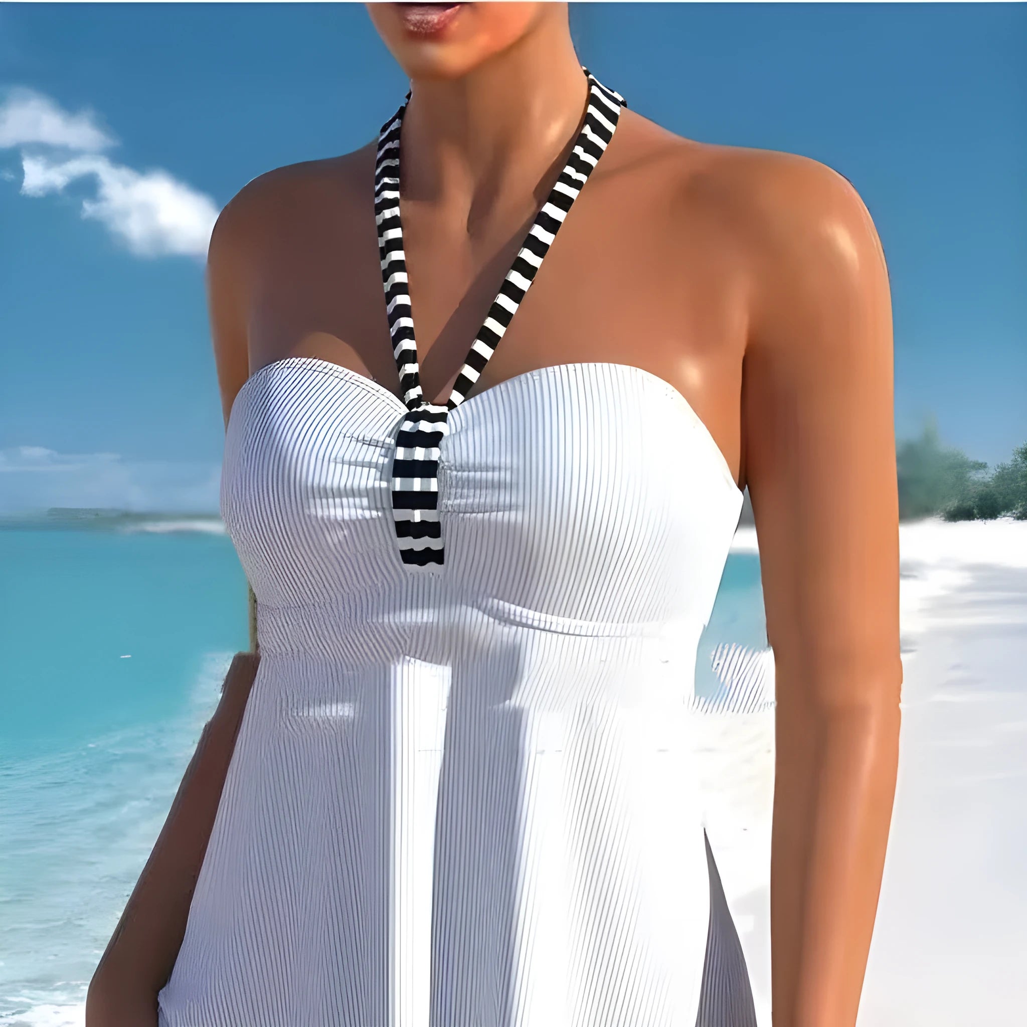 Black and white striped off-shoulder one-piece swimsuit for women
