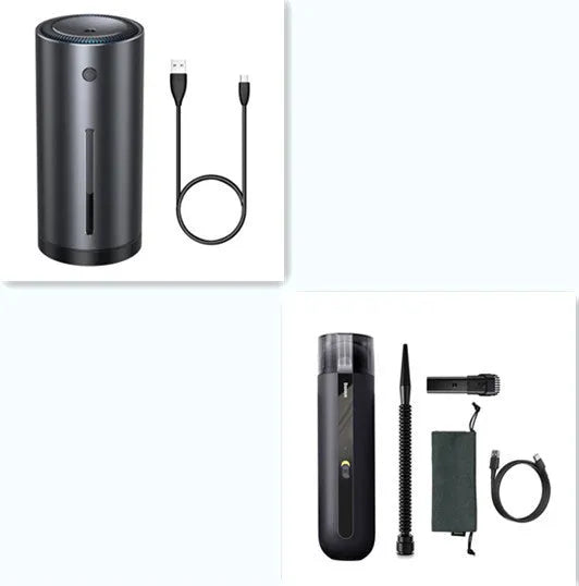 BASEUS wireless handheld car vacuum cleaner in black, white, or green with blowing hose attachment.