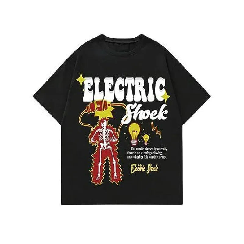 Men's printed short-sleeve street sports t-shirt on a hanger showing one of ten colour designs.