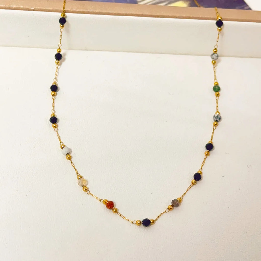 Gold titanium steel necklace with natural stone pendant on O-ring chain
