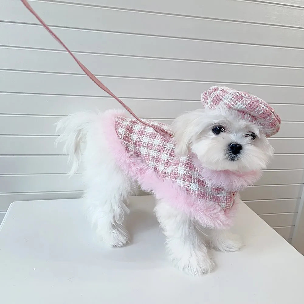 Pink polyester cat costume with beret, cloak featuring hand-holding rope design, and a drawstring for traction.