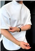 Men's white buttoned T-shirt with round hem and front button placket detail