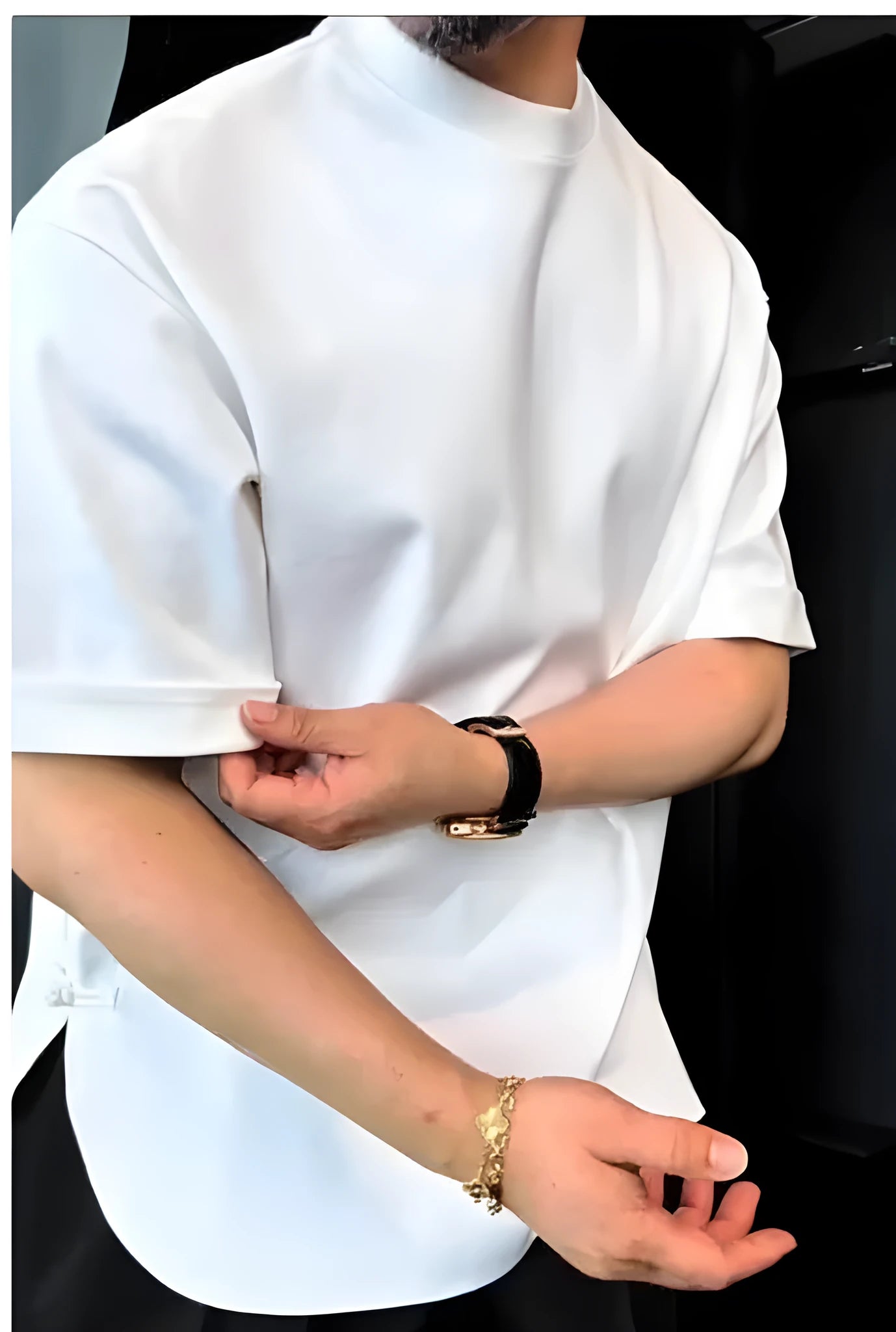 Men's white buttoned T-shirt with round hem and front button placket detail