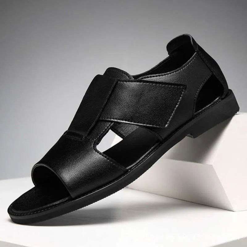 Men's black and brown leather casual sandals with open toe design and rubber soles