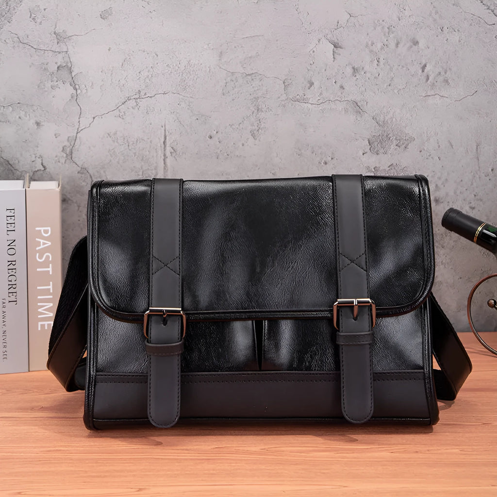Black Korean-style men's commuter backpack with anti-theft function and sewing thread details
