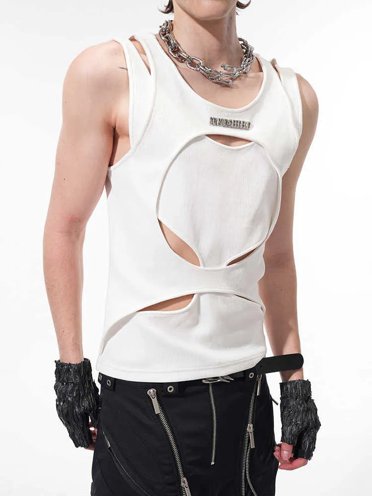 Men's black sleeveless waistcoat with hollow knit construction and round neck collar