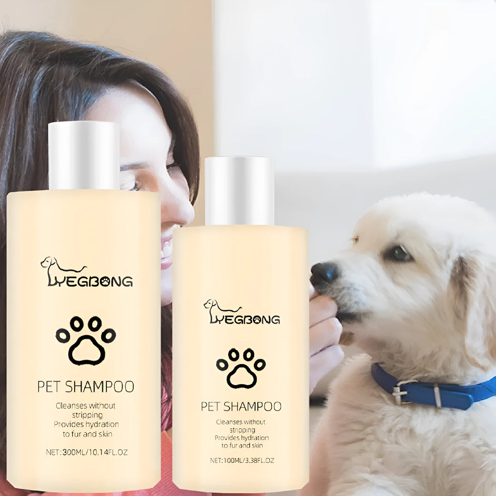 Bottle of mild dog shampoo for soft, tangle-free hair in 100ml and 300ml sizes.