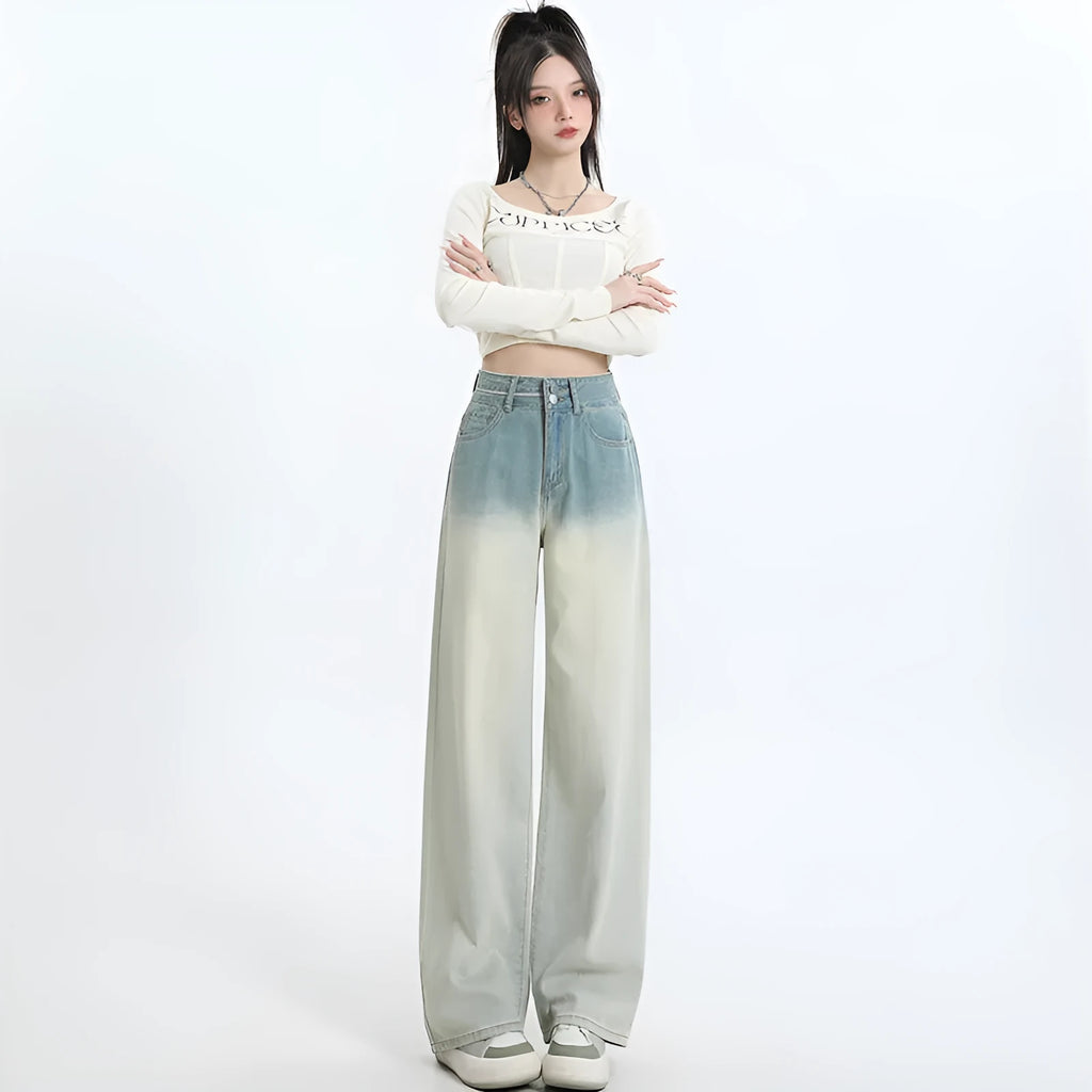 Women's gradient blue straight-leg denim trousers showing wide-leg design