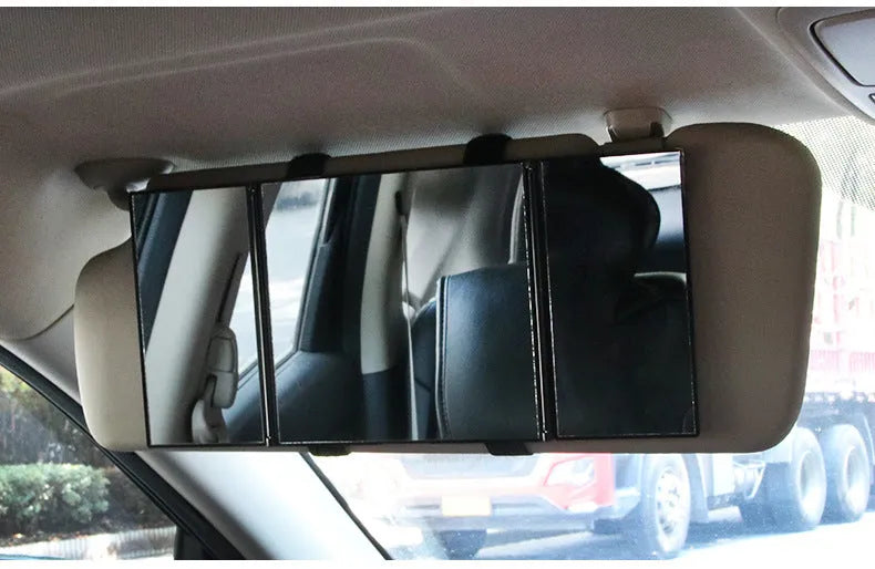 Silver car folding makeup mirror shown both closed and opened, with ABS plastic frame and glass mirror.