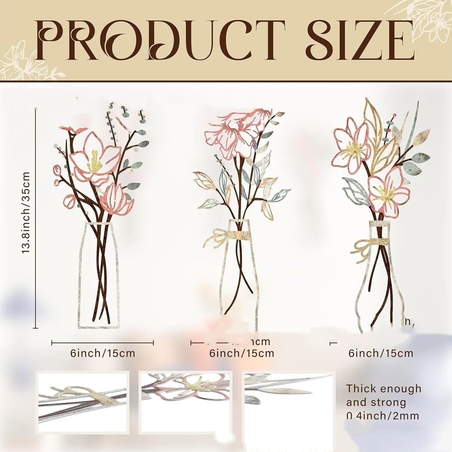 Three-piece metal flowers wall art set with vases in country farmhouse style for bathroom decoration