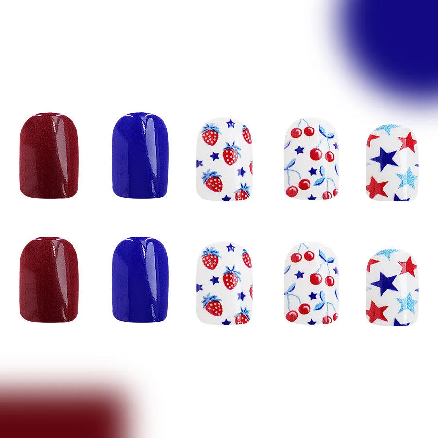 Short glossy red and blue strawberry cherry nail stickers for independence day manicure