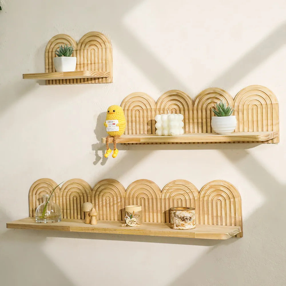Solid wood multi-layer wall rack holding flower pots in a tiered pendant design