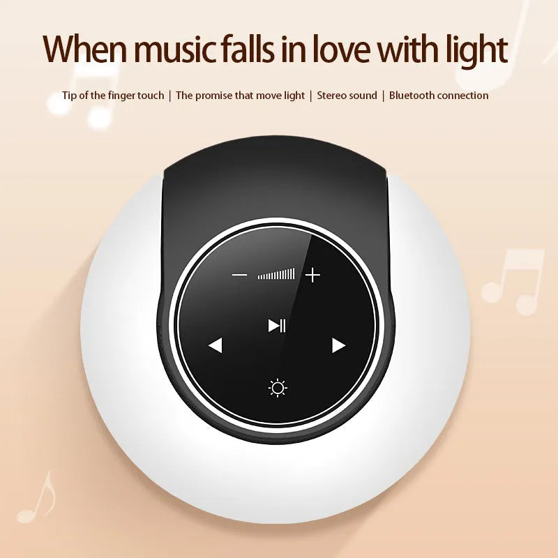 Blue foldable Bluetooth desk lamp speaker with touch controls for dimmable LED lighting.