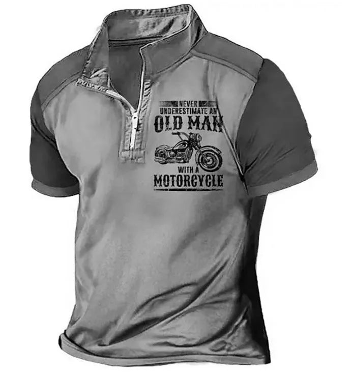Men's casual polo shirt with zipper decorations on the lapel and a digital letter print design on the front.